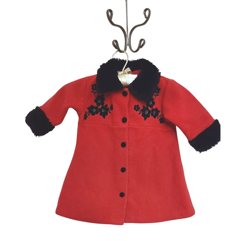 Pete's Partner Fleece Coat Kids 12M Red Faux Fur Trim‎ Floral Embroidered Button